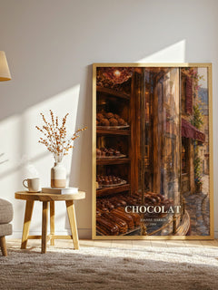 Chocolat watercolour print in frame leaning in hallway – contemporary fiction wall art