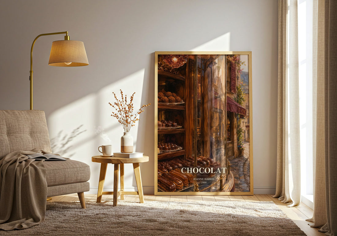 Chocolat watercolour print in frame leaning in hallway – contemporary fiction wall art