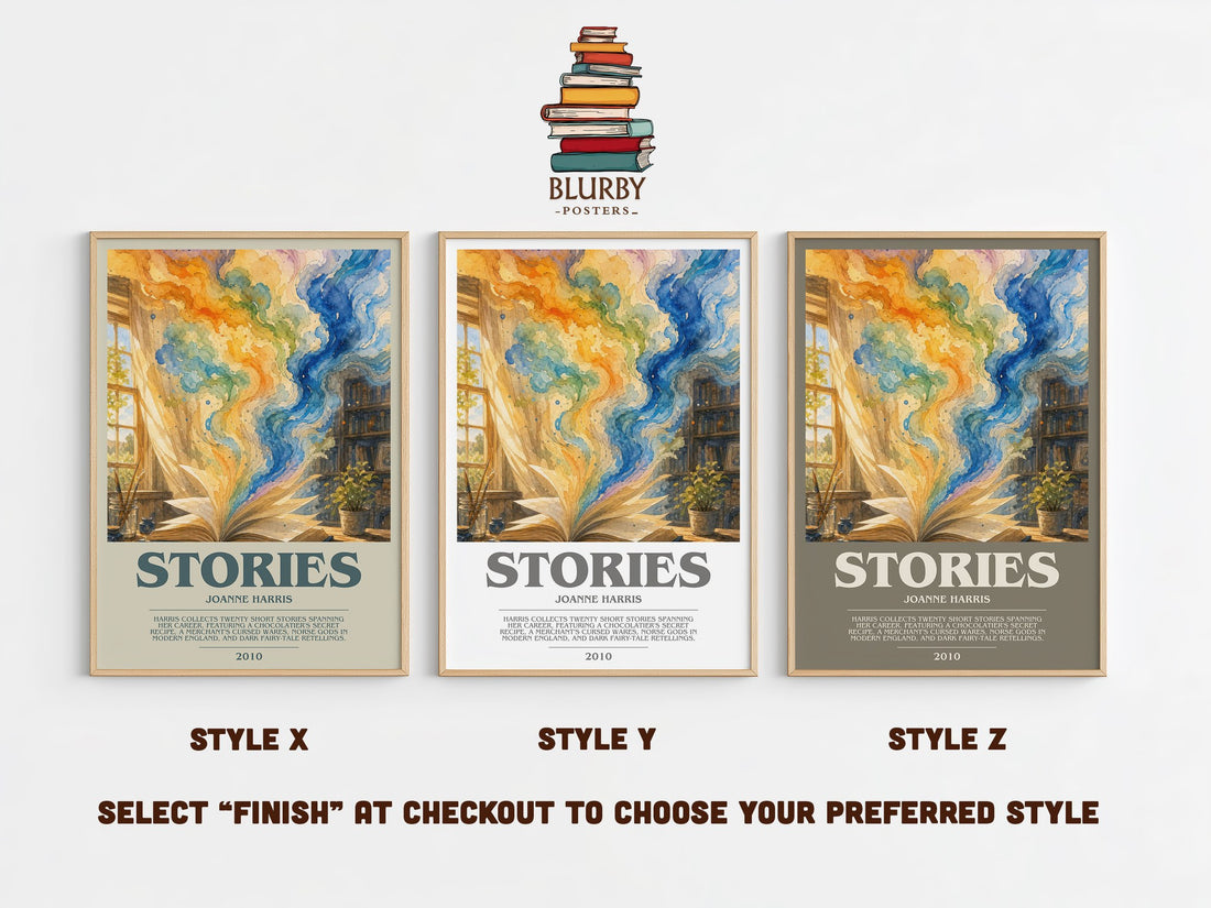 Stories bookish print in frame leaning in hallway – literary fiction wall art (mockup)