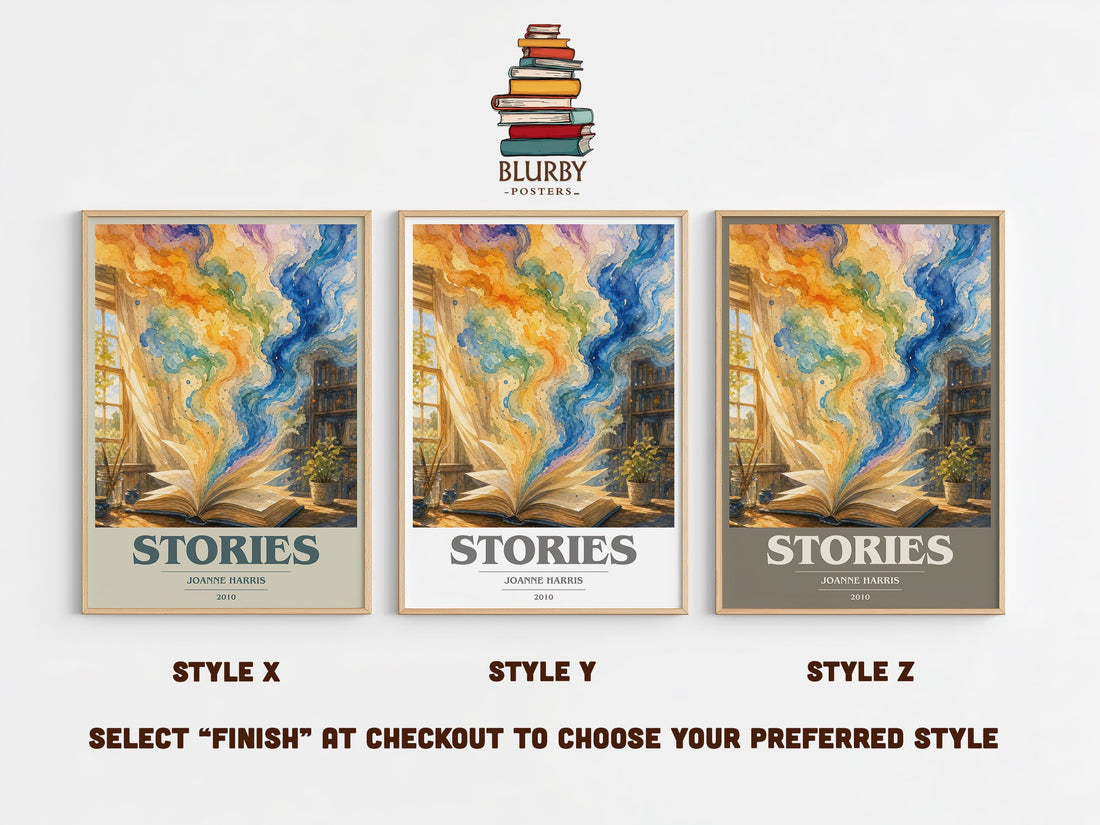 Stories book cover print in frame leaning in hallway – literary fiction wall art (mockup)