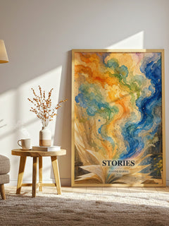 Stories watercolour print in frame leaning in hallway – literary fiction wall art