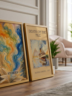 Stories watercolour print framed by window – literary home decor