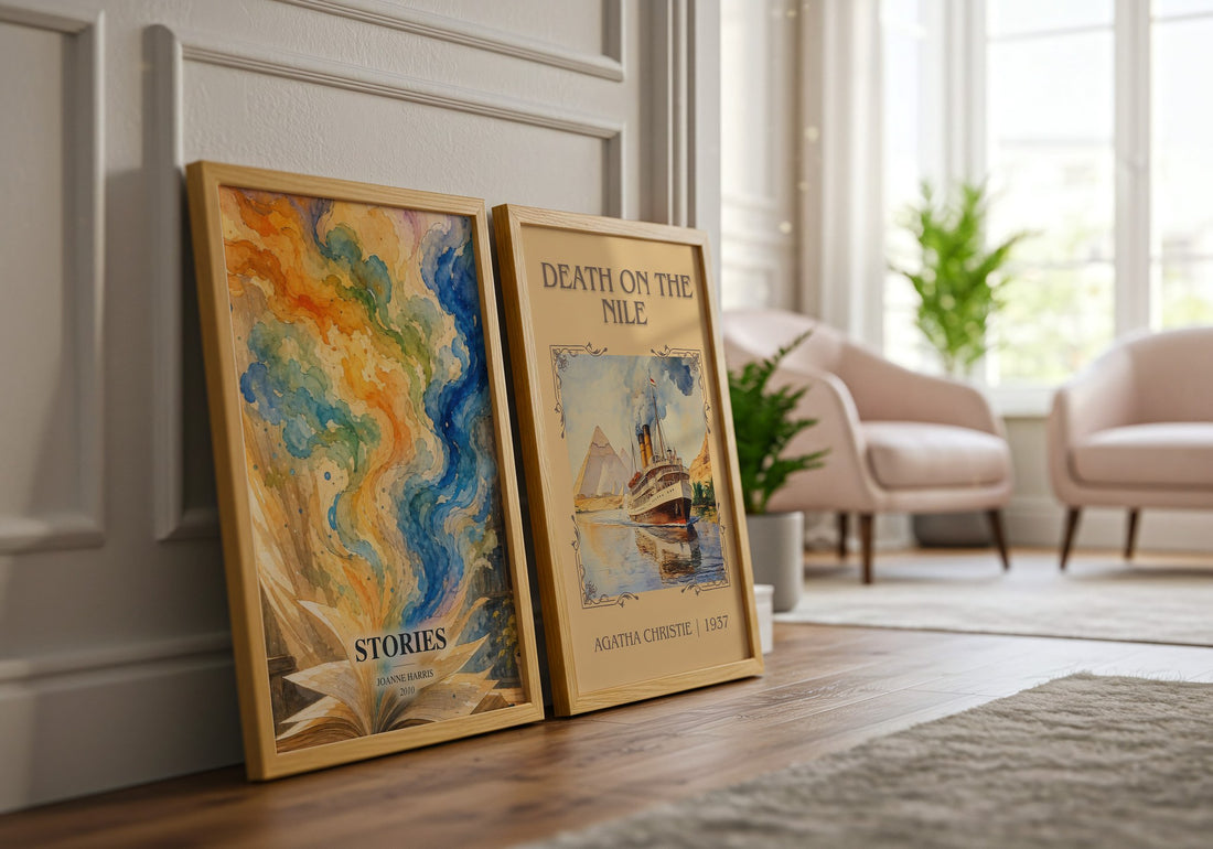Stories watercolour print framed by window – literary home decor