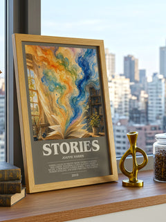 Stories bookish print framed by window – literary home decor