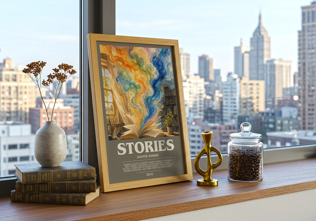 Stories bookish print framed by window – literary home decor