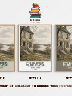 Five quarters of the orange book cover print in frame leaning in hallway – literary fiction wall art