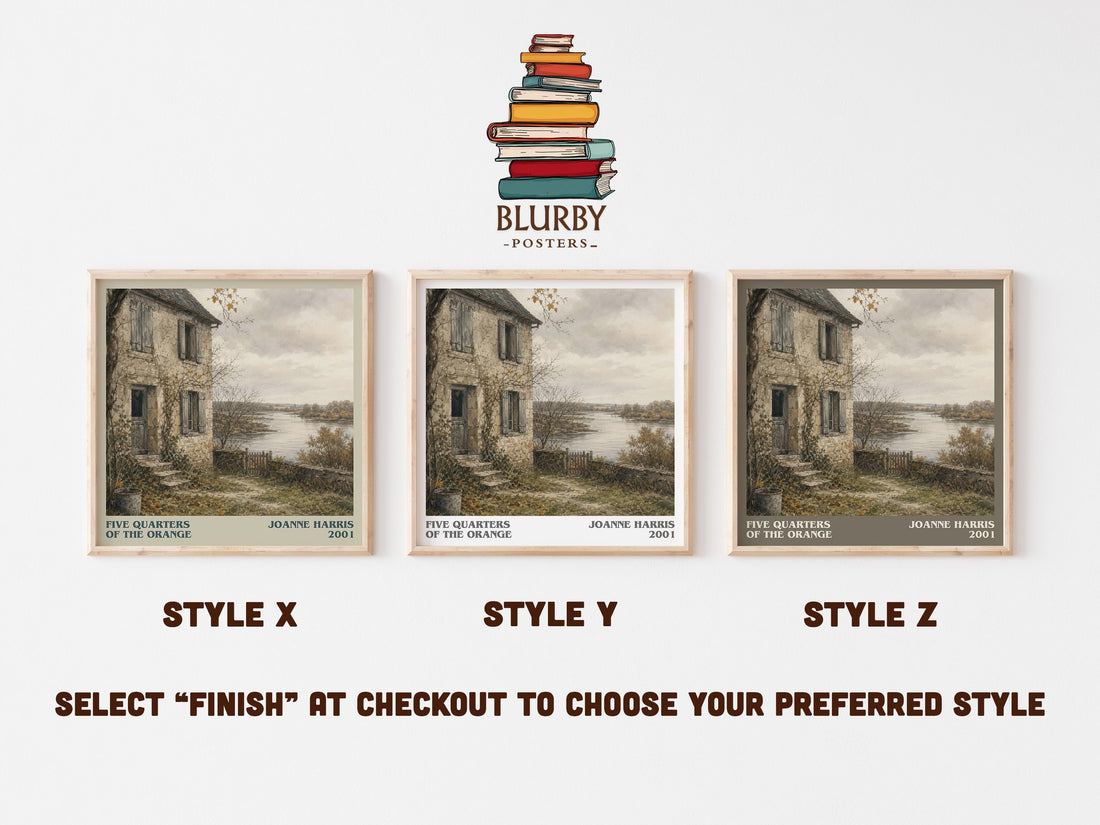 Five quarters of the orange literary print in frame leaning in hallway – literary fiction wall art (mockup)