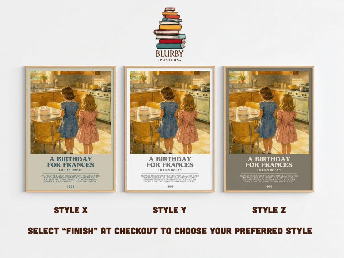 A birthday for Frances bookish print in frame leaning in hallway – childrens wall art (mockup)