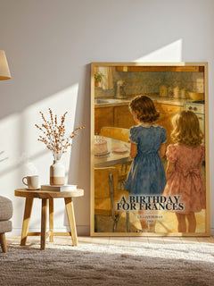 A birthday for Frances watercolour print in frame leaning in hallway – childrens wall art