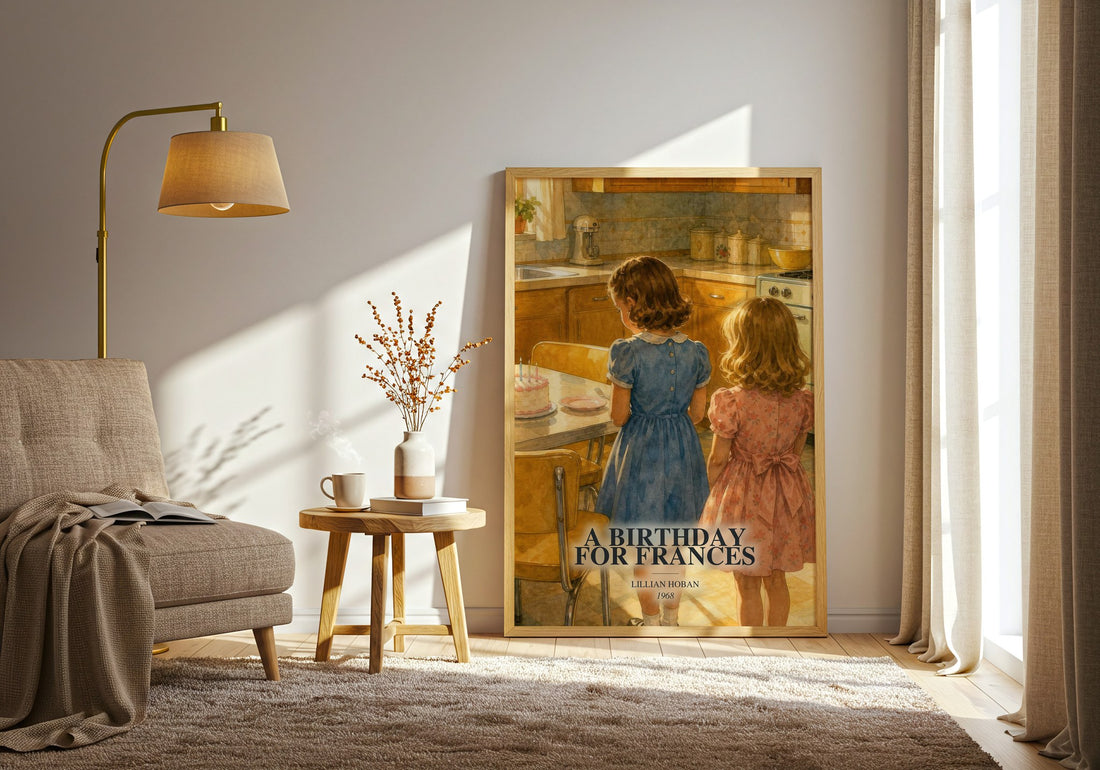 A birthday for Frances watercolour print in frame leaning in hallway – childrens wall art