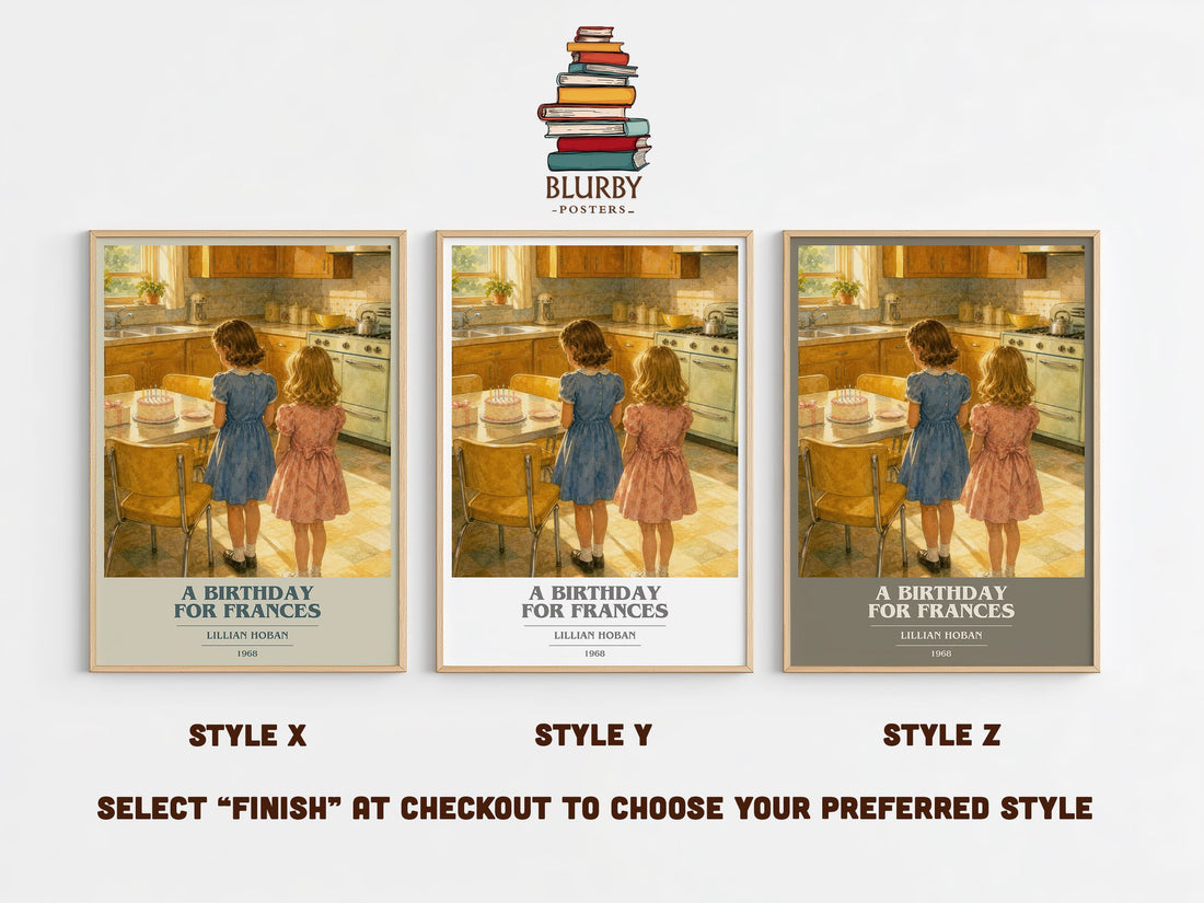 A birthday for Frances book cover print in frame leaning in hallway – childrens wall art (mockup)