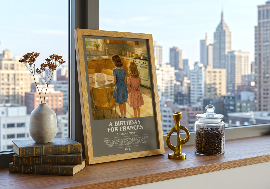 A birthday for Frances bookish print framed by window – literary home decor