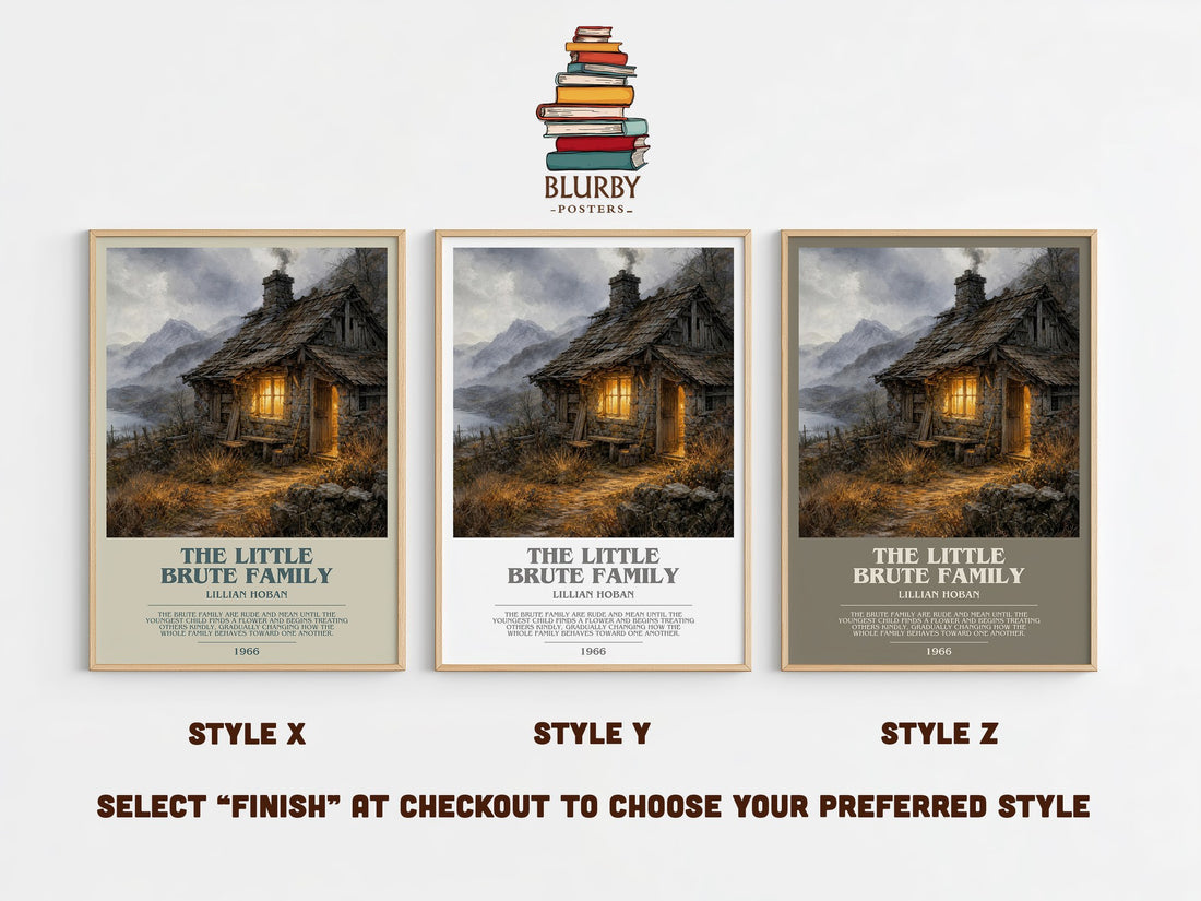The little Brute family bookish print in frame leaning in hallway – childrens wall art (mockup)