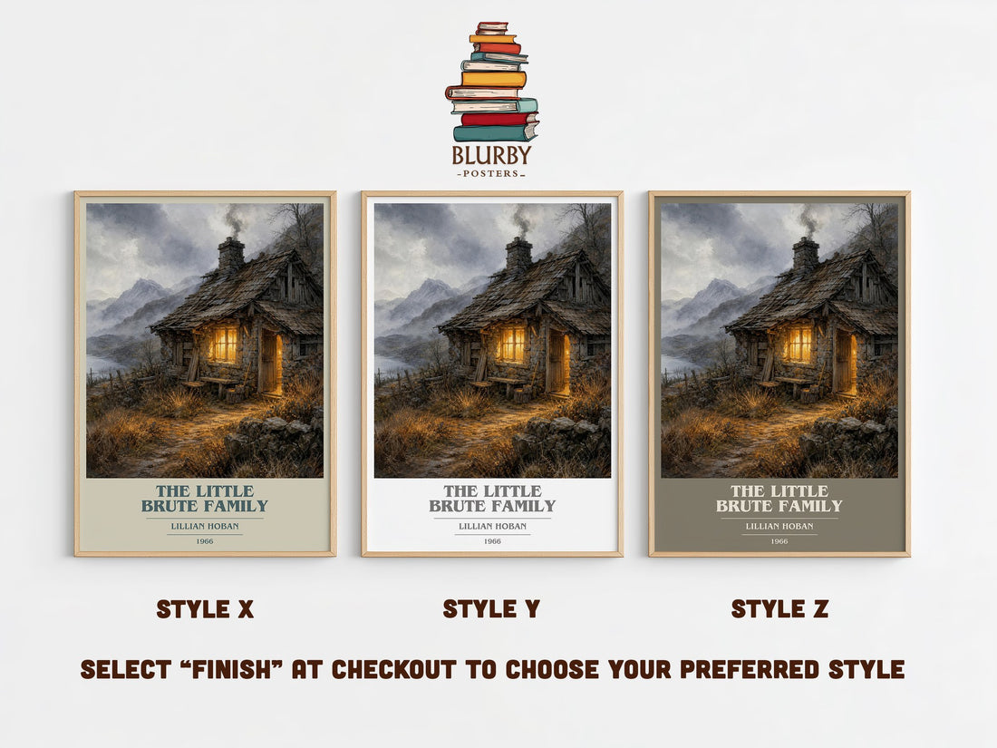 The little Brute family book cover print in frame leaning in hallway – childrens wall art (mockup)