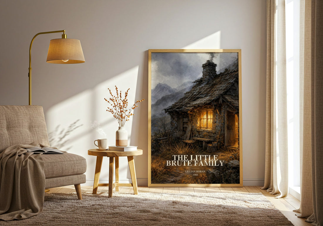 The little Brute family watercolour print in frame leaning in hallway – childrens wall art