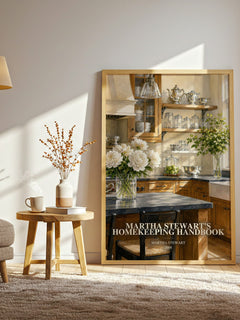 Martha Stewart's Homekeeping Handbook watercolour print in frame leaning in hallway – non fiction wall art