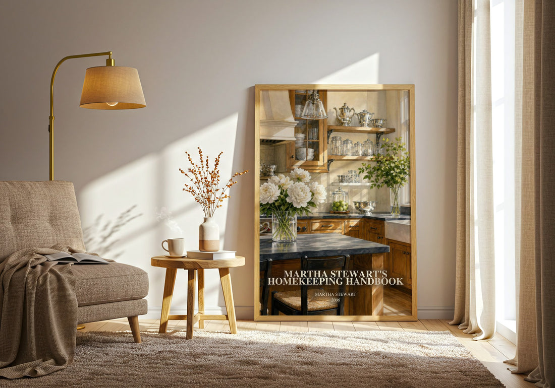 Martha Stewart's Homekeeping Handbook watercolour print in frame leaning in hallway – non fiction wall art
