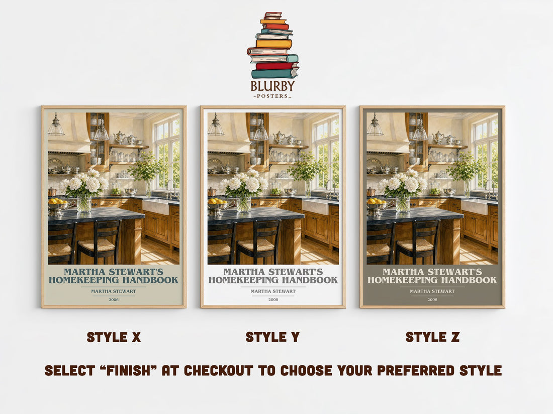 Martha Stewart's Homekeeping Handbook book cover print in frame leaning in hallway – non fiction wall art (mockup)