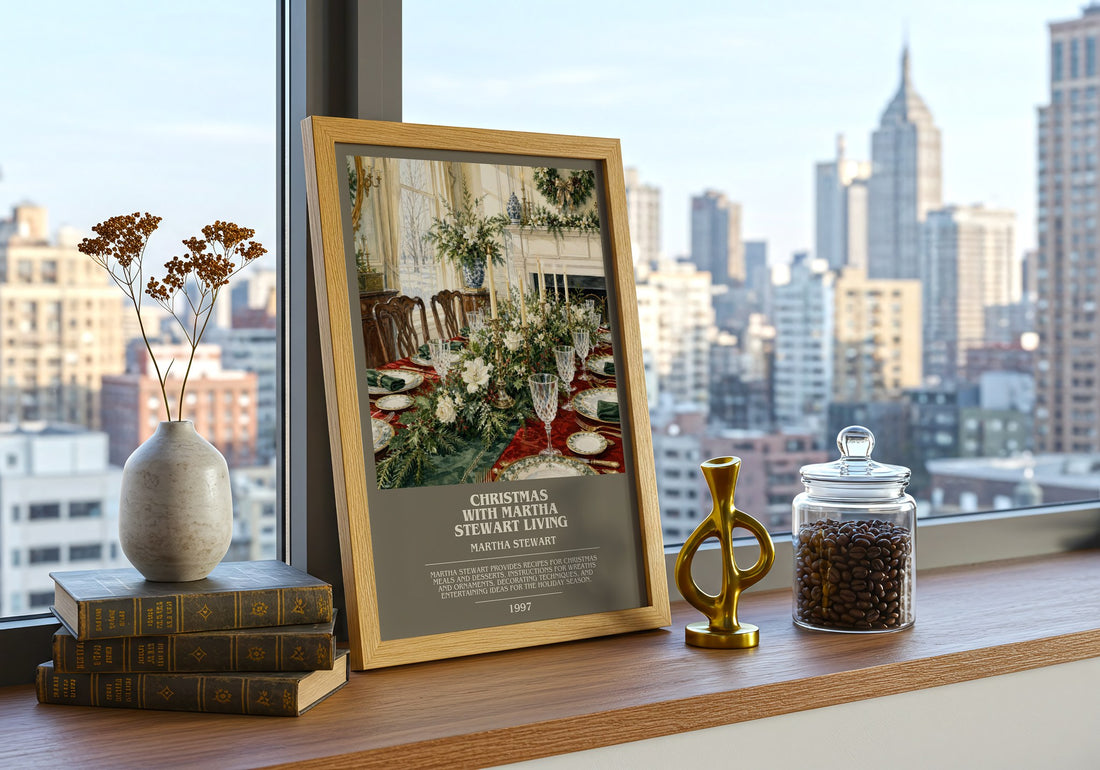 Christmas with Martha Stewart living bookish print framed by window – literary home decor