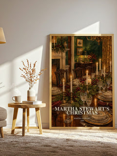 Martha Stewart's Christmas watercolour print in frame leaning in hallway – non fiction wall art