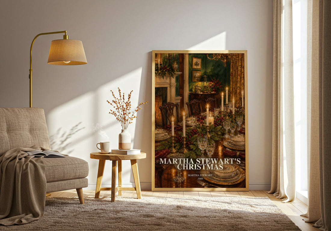 Martha Stewart's Christmas watercolour print in frame leaning in hallway – non fiction wall art