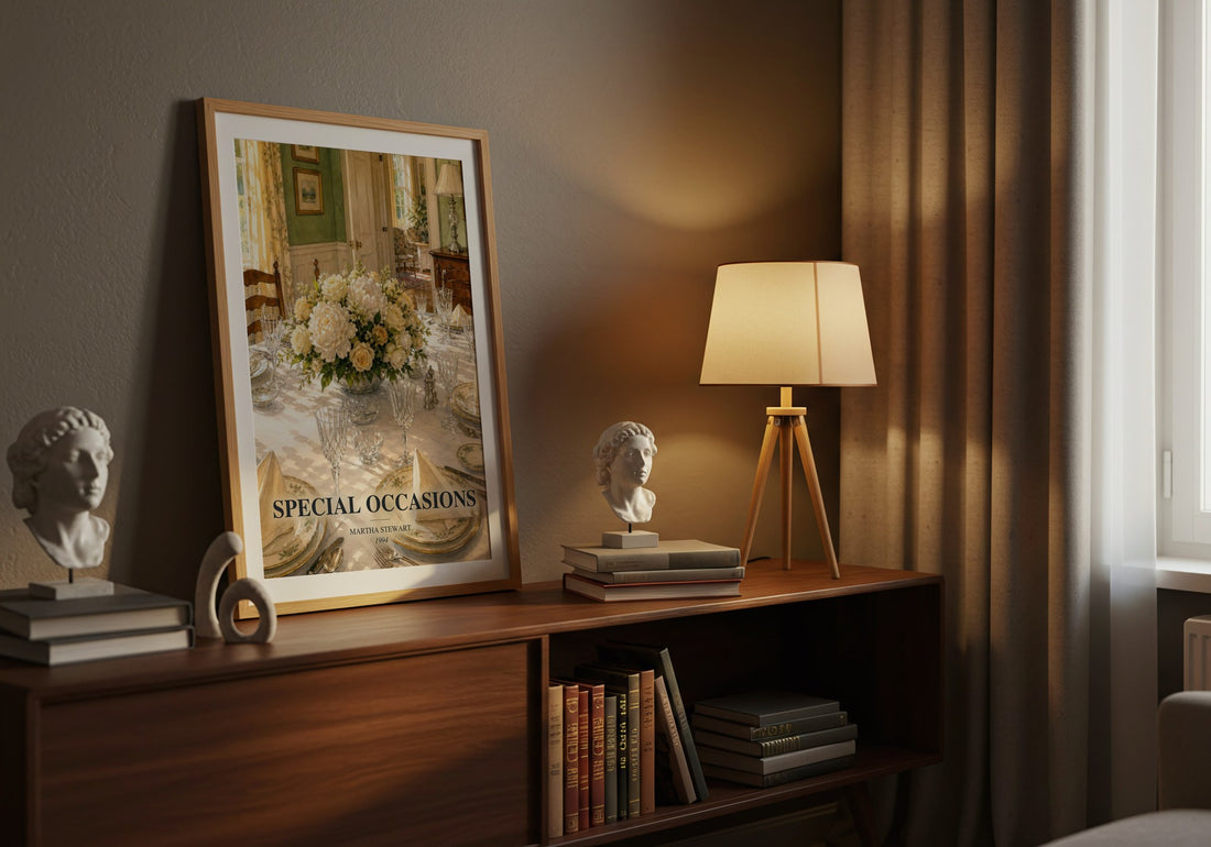 Special occasions watercolour print on bookshelf – Martha Stewart fan gift