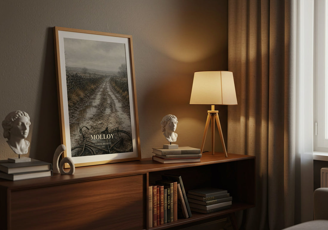 Molloy watercolour print on bookshelf – Samuel Beckett fan gift
