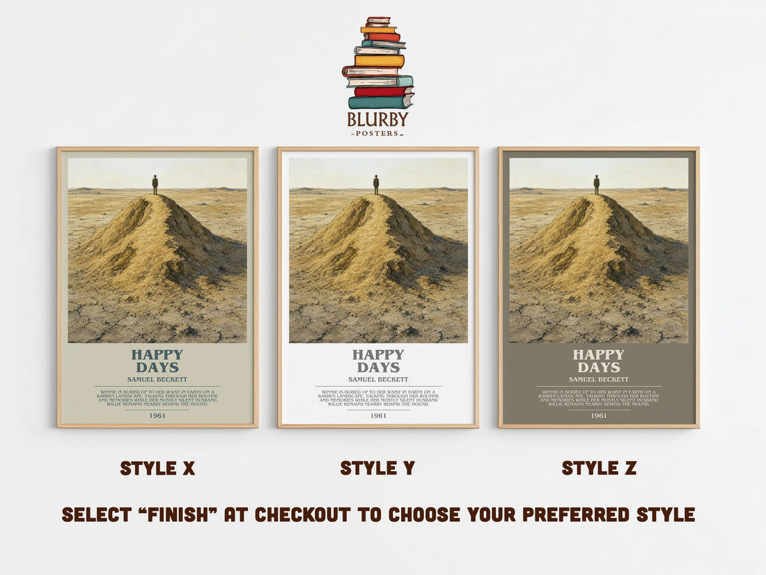Happy days bookish print in frame leaning in hallway – literary fiction wall art (mockup)