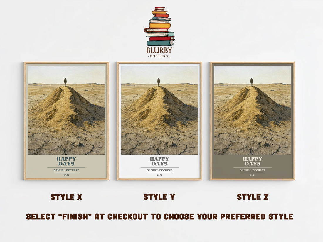 Happy days book cover print in frame leaning in hallway – literary fiction wall art (mockup)