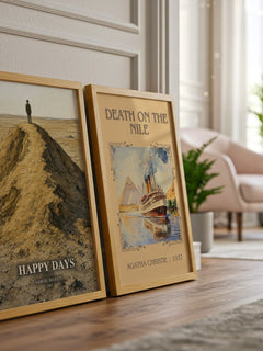 Happy days watercolour print framed by window – literary home decor