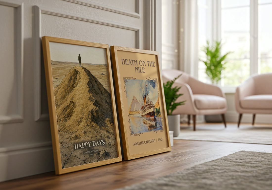 Happy days watercolour print framed by window – literary home decor