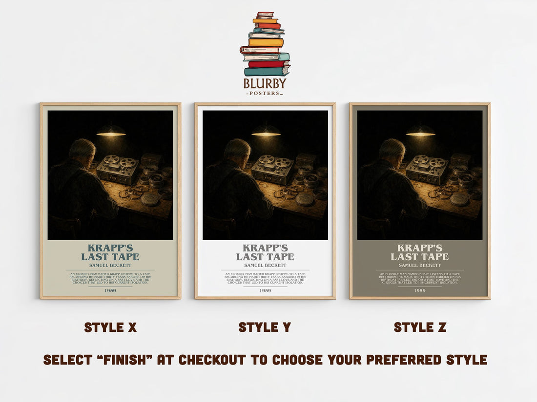 Krapp's last tape bookish print in frame leaning in hallway – literary fiction wall art (mockup)