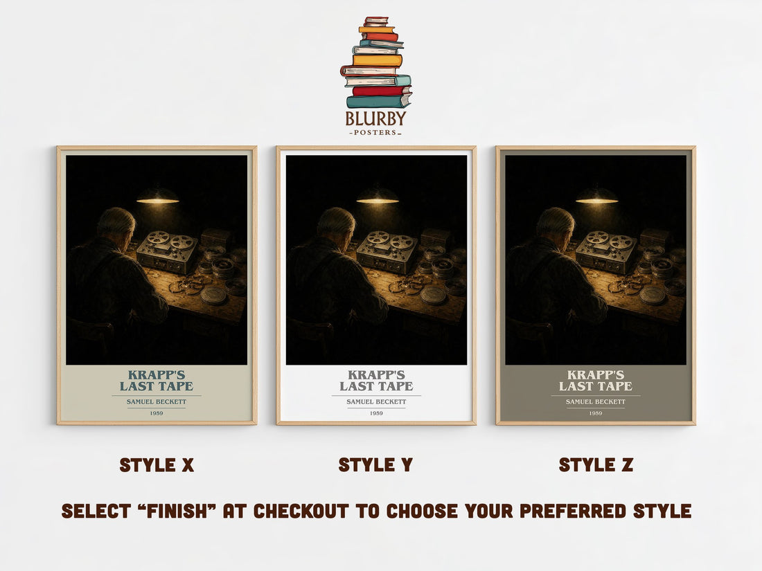 Krapp's last tape book cover print in frame leaning in hallway – literary fiction wall art (mockup)