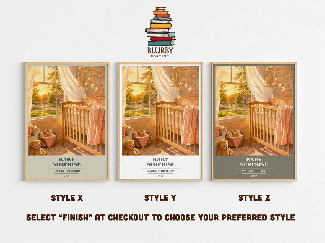 Baby Surprise book cover print in frame leaning in hallway – romance wall art (mockup)