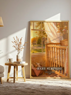 Baby Surprise watercolour print in frame leaning in hallway – romance wall art