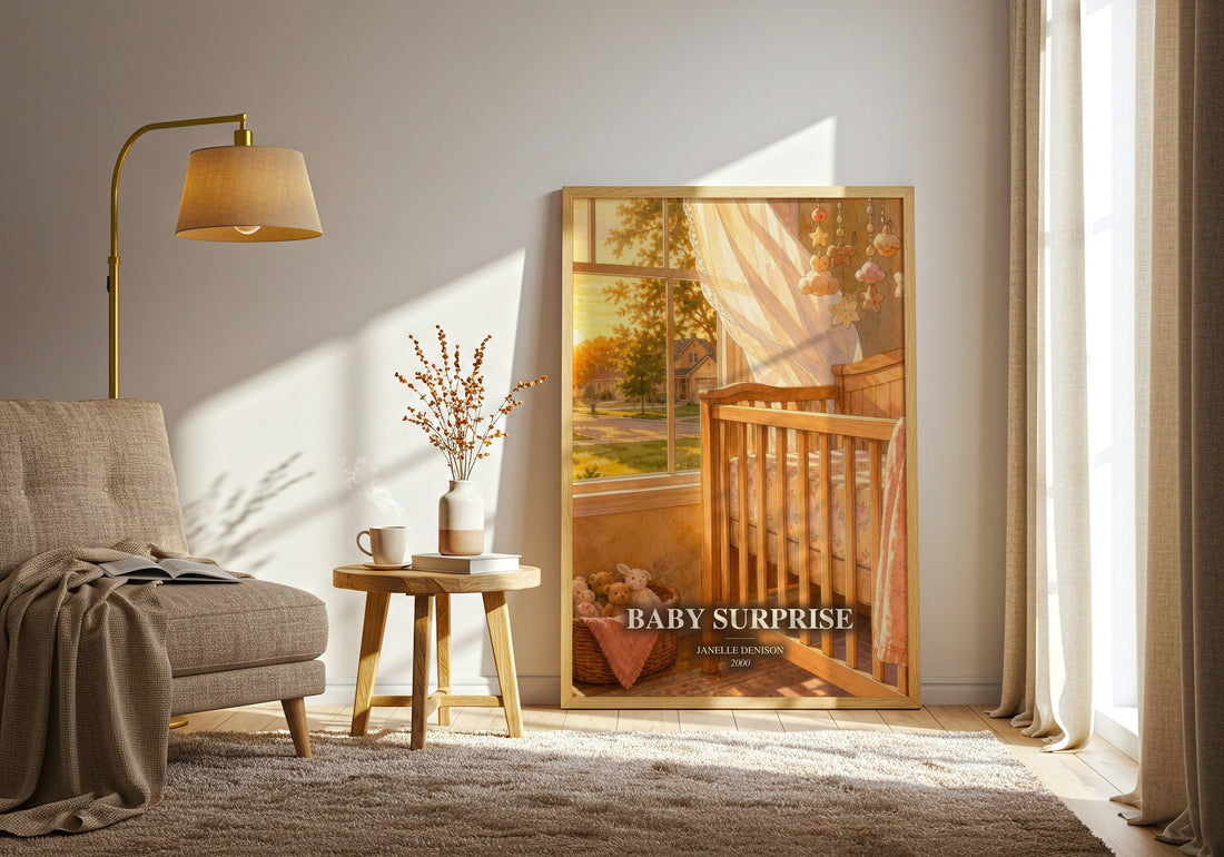 Baby Surprise watercolour print in frame leaning in hallway – romance wall art