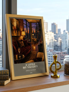A Little Bit Naughty book cover print framed by window – literary home decor