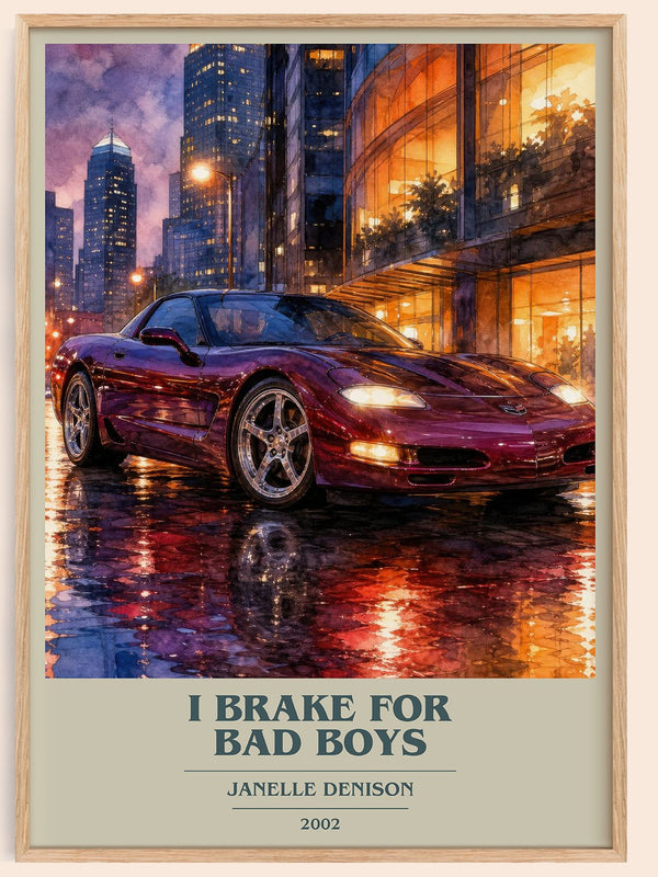 I brake for bad boys book cover book poster by Janelle Denison – framed literary art print