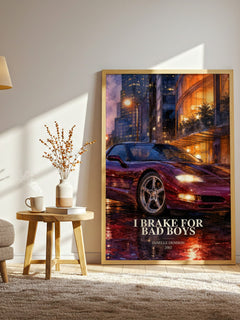 I brake for bad boys watercolour print in frame leaning in hallway – romance wall art
