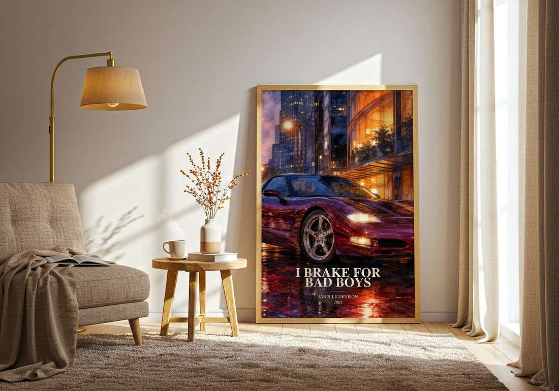 I brake for bad boys watercolour print in frame leaning in hallway – romance wall art