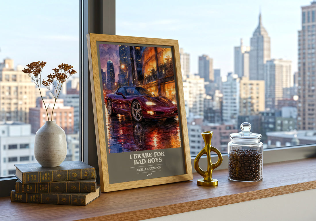I brake for bad boys book cover print framed by window – literary home decor