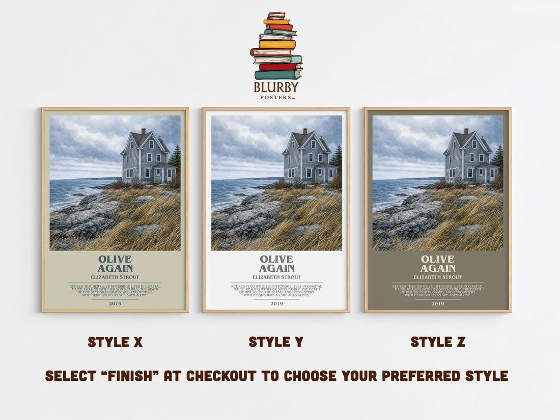 Olive Again bookish print in frame leaning in hallway – literary fiction wall art (mockup)