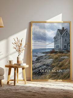 Olive Again watercolour print in frame leaning in hallway – literary fiction wall art
