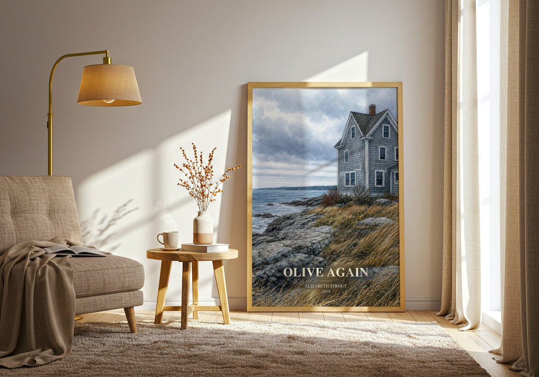 Olive Again watercolour print in frame leaning in hallway – literary fiction wall art