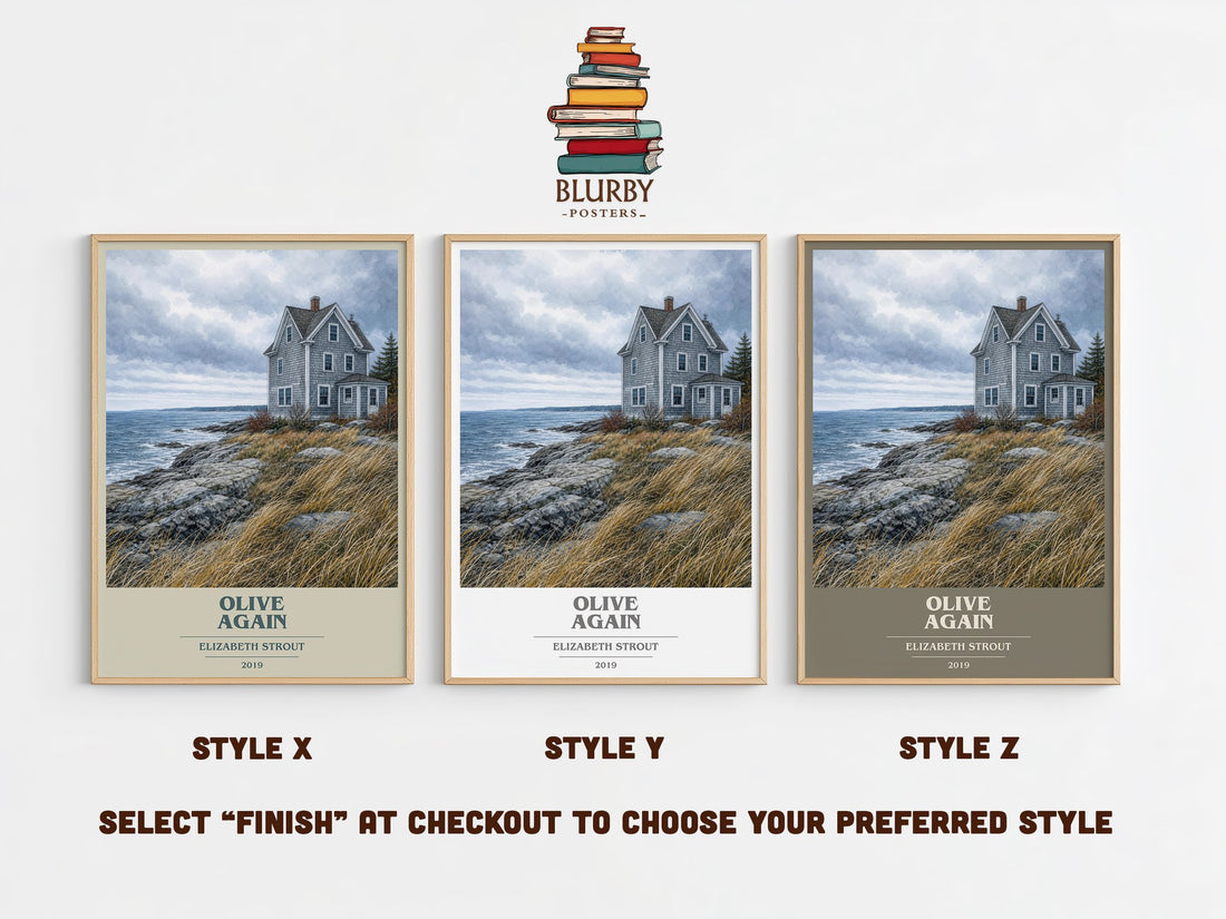 Olive Again book cover print in frame leaning in hallway – literary fiction wall art (mockup)