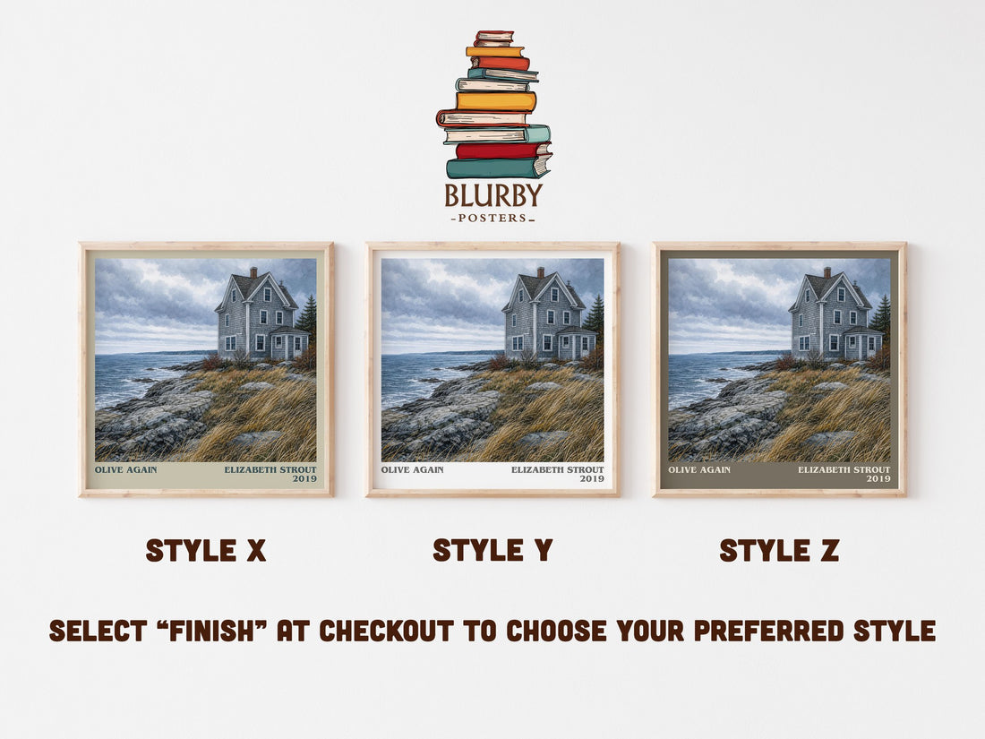 Olive Again literary print in frame leaning in hallway – literary fiction wall art (mockup)