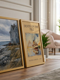 Olive Again watercolour print framed by window – literary home decor