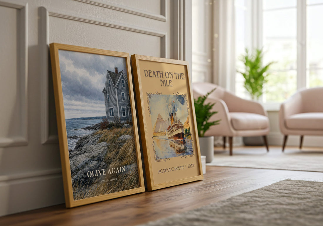 Olive Again watercolour print framed by window – literary home decor