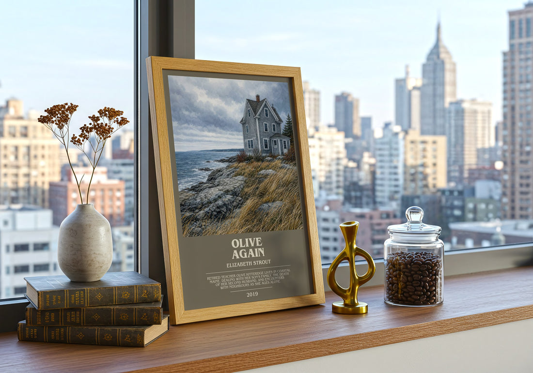 Olive Again bookish print framed by window – literary home decor