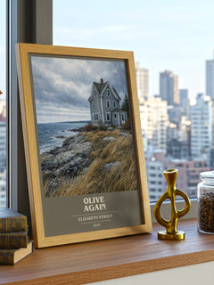 Olive Again book cover print framed by window – literary home decor